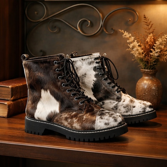 Myra Bag Shoes - New Genuine Cowhide & Leather Bootie Fur combat ankle boot black white size 8